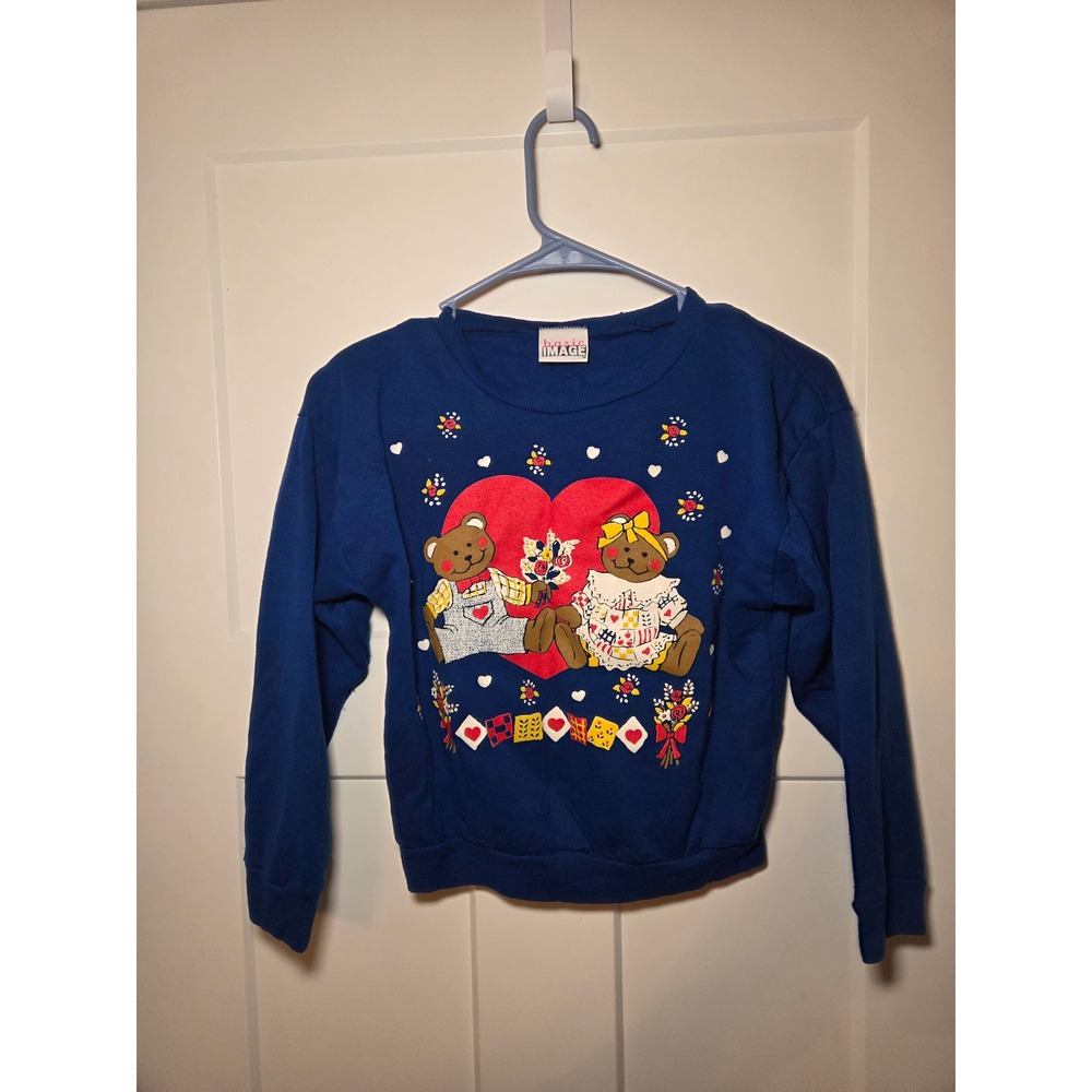 Vintage Basic Image Royal Blue Teddy Bear Heart Graphic Sweatshirt Crewneck